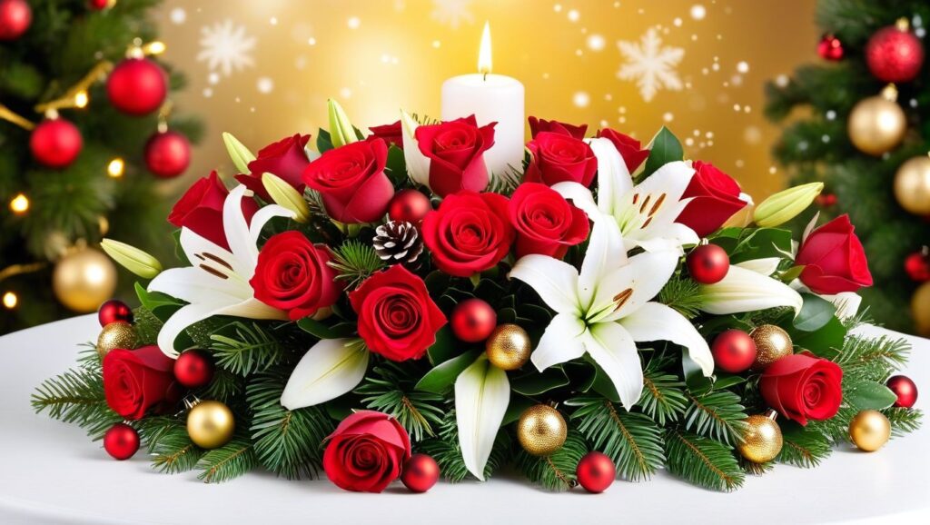 Festive Christmas floral arrangement with red roses, white lilies, and green foliage, featuring a special offer for same-day free delivery in E6, E7, and E12 areas by Manor Park Florist.